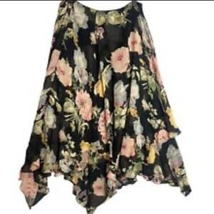 Lauren Ralph Lauren Skirt SZ 8 100% Silk Brown Floral Asymmetrical Flowy 90s Y2K